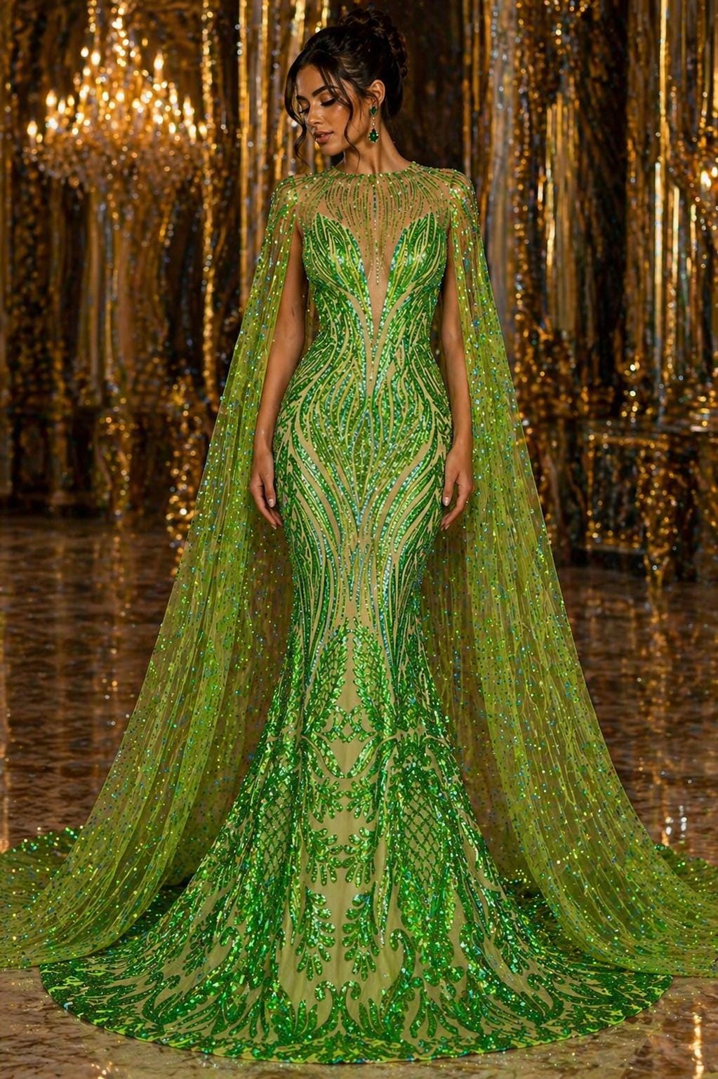 NEON LIME - Luxury Iridescent Shiny Sequin 4-Way Stretch Mesh Fabric – Prom & Evening Dress Material By The Yard.