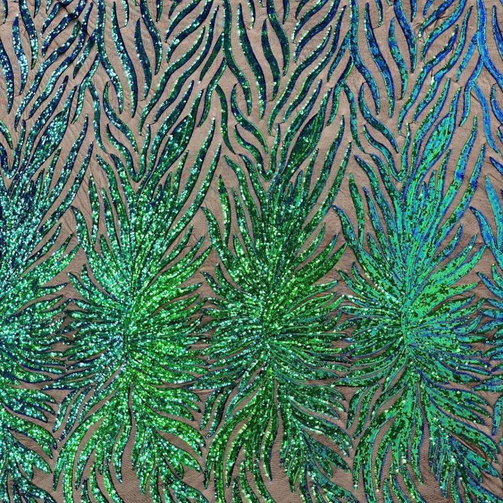 Feather Design Luxury Iridescent Shiny Sequin - GREEN - 4 Way Stretch Mesh Fabric – Prom & Evening Dress Material By The Yard.