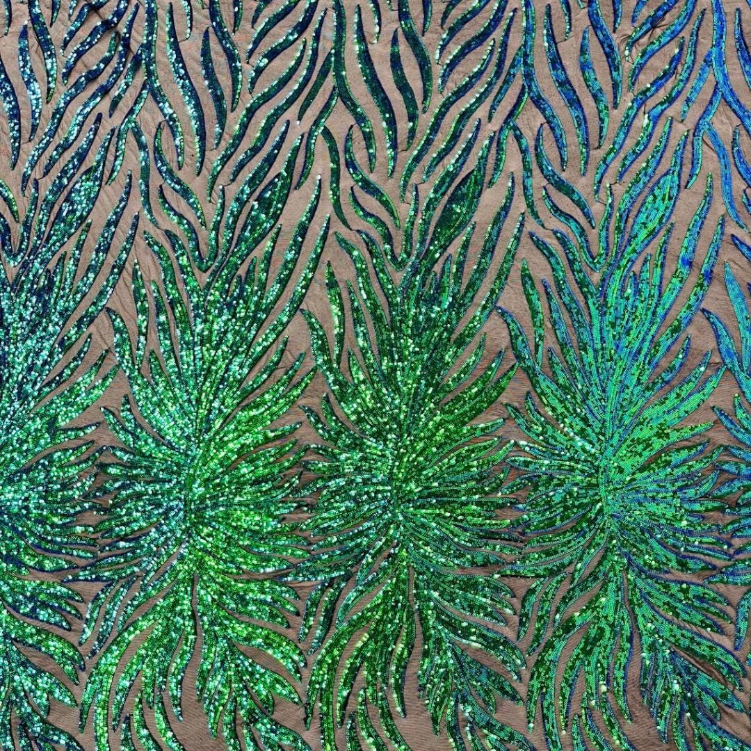 Feather Design Luxury Iridescent Shiny Sequin - GREEN - 4 Way Stretch Mesh Fabric – Prom & Evening Dress Material By The Yard.