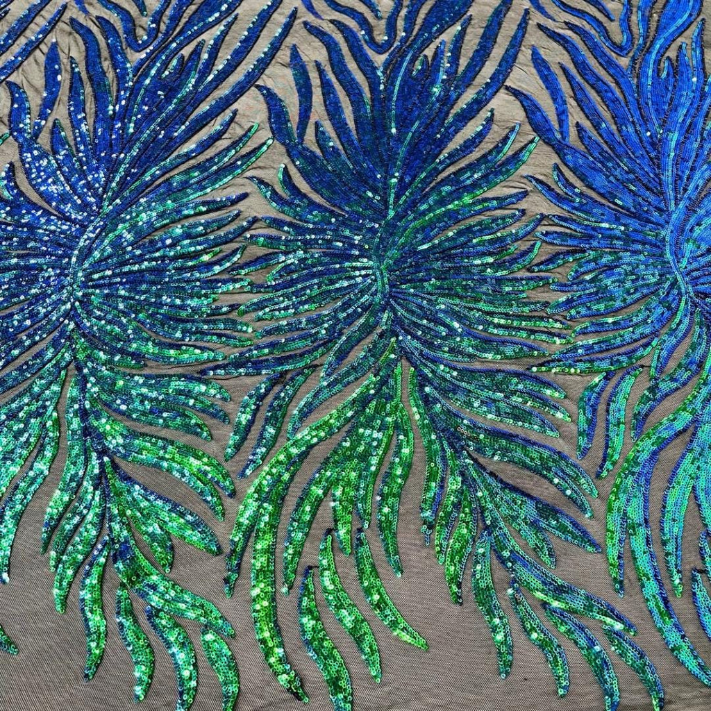 Feather Design Luxury Iridescent Shiny Sequin - GREEN - 4 Way Stretch Mesh Fabric – Prom & Evening Dress Material By The Yard.