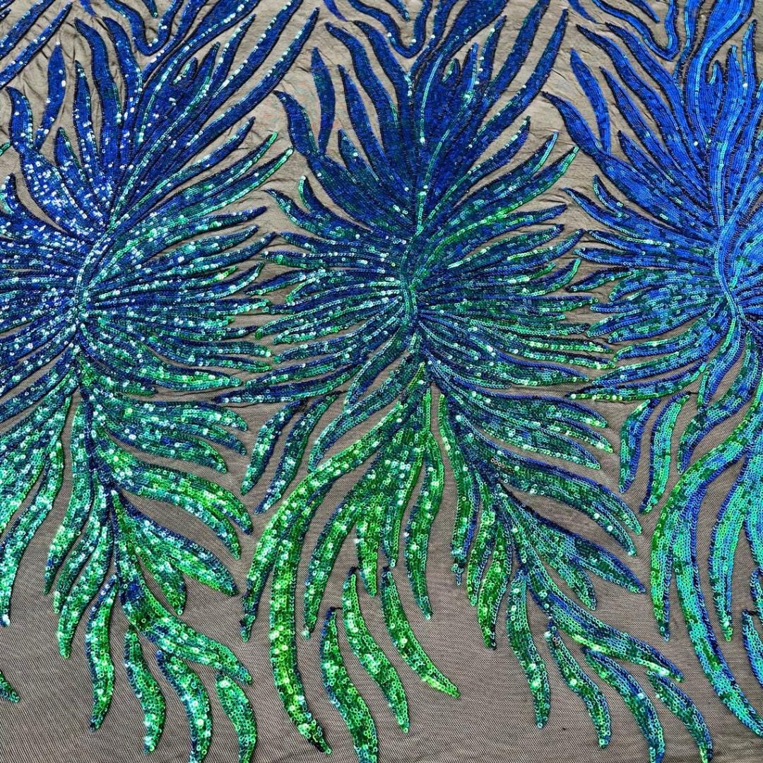 Feather Design Luxury Iridescent Shiny Sequin - GREEN - 4 Way Stretch Mesh Fabric – Prom & Evening Dress Material By The Yard.
