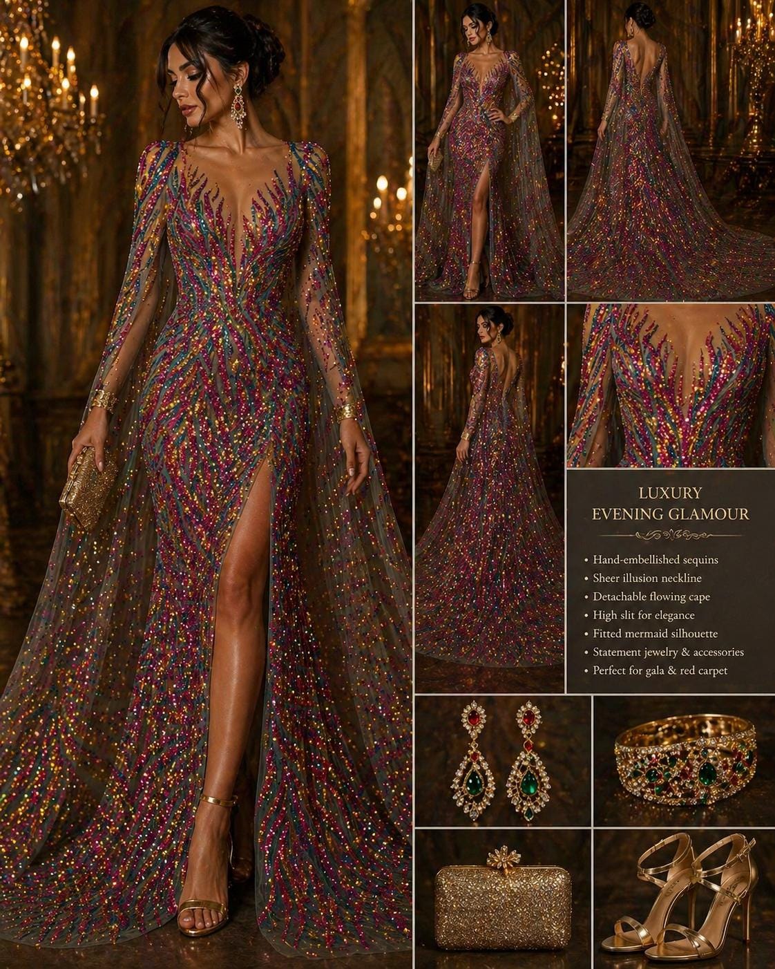 Feather Design Luxury Iridescent Shiny Sequin - RAINBOW - 4 Way Stretch Mesh Fabric – Prom & Evening Dress Material By The Yard.