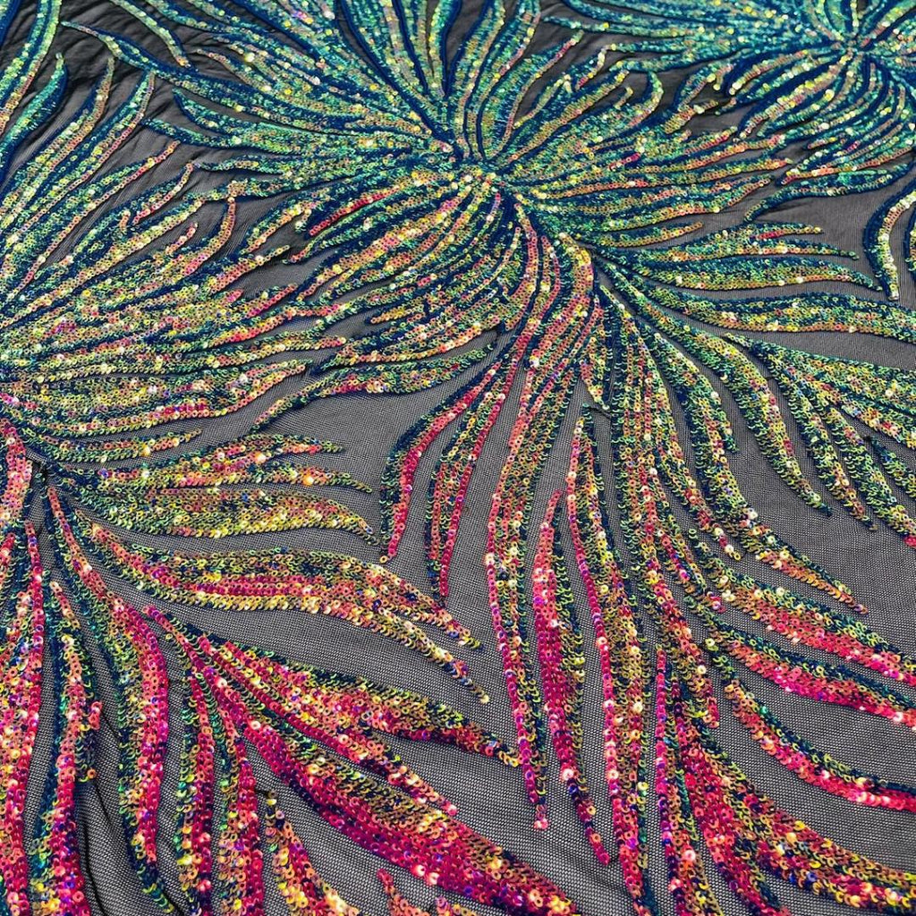 Feather Design Luxury Iridescent Shiny Sequin - RAINBOW - 4 Way Stretch Mesh Fabric – Prom & Evening Dress Material By The Yard.