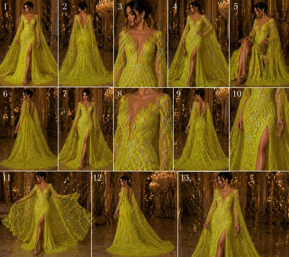Feather Design Luxury Iridescent Shiny Sequin - NEON YELLOW - 4 Way Stretch Mesh Fabric – Prom & Evening Dress Material By The Yard.