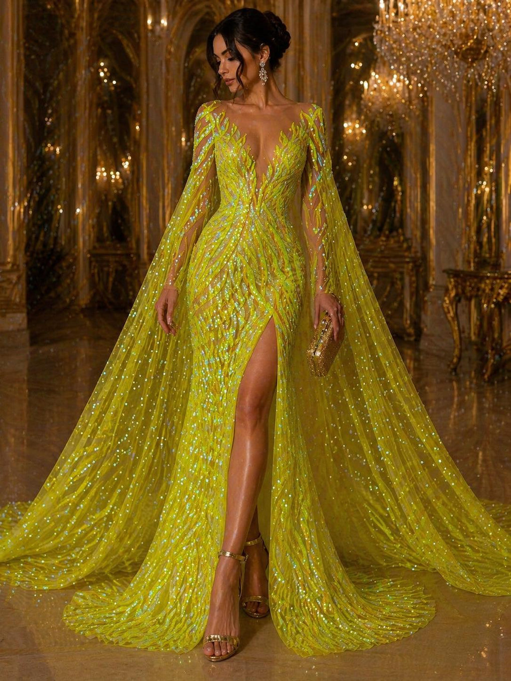 Feather Design Luxury Iridescent Shiny Sequin - NEON YELLOW - 4 Way Stretch Mesh Fabric – Prom & Evening Dress Material By The Yard.