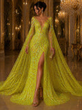 Feather Design Luxury Iridescent Shiny Sequin - NEON YELLOW - 4 Way Stretch Mesh Fabric – Prom & Evening Dress Material By The Yard.