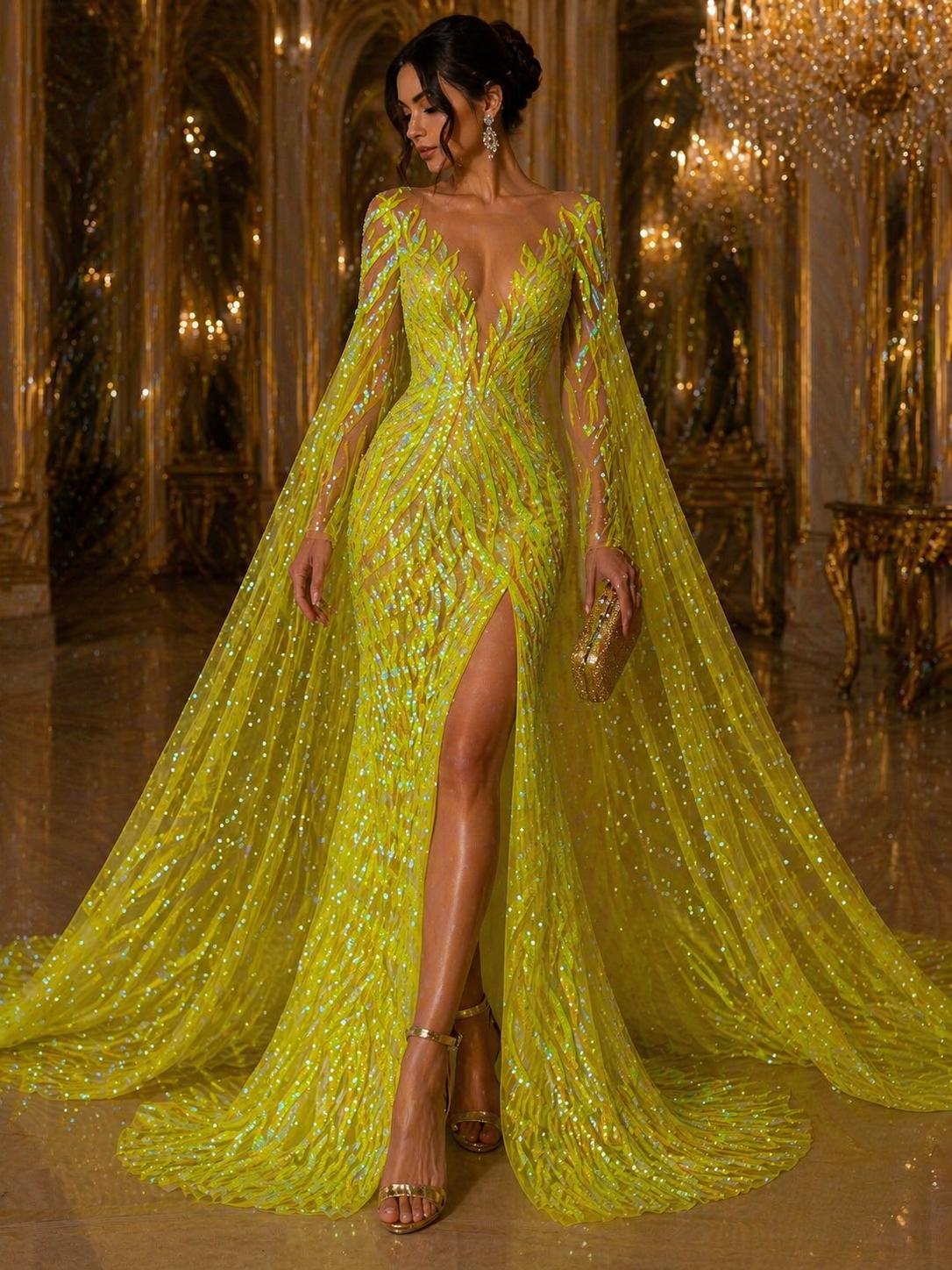 Feather Design Luxury Iridescent Shiny Sequin - NEON YELLOW - 4 Way Stretch Mesh Fabric – Prom & Evening Dress Material By The Yard.