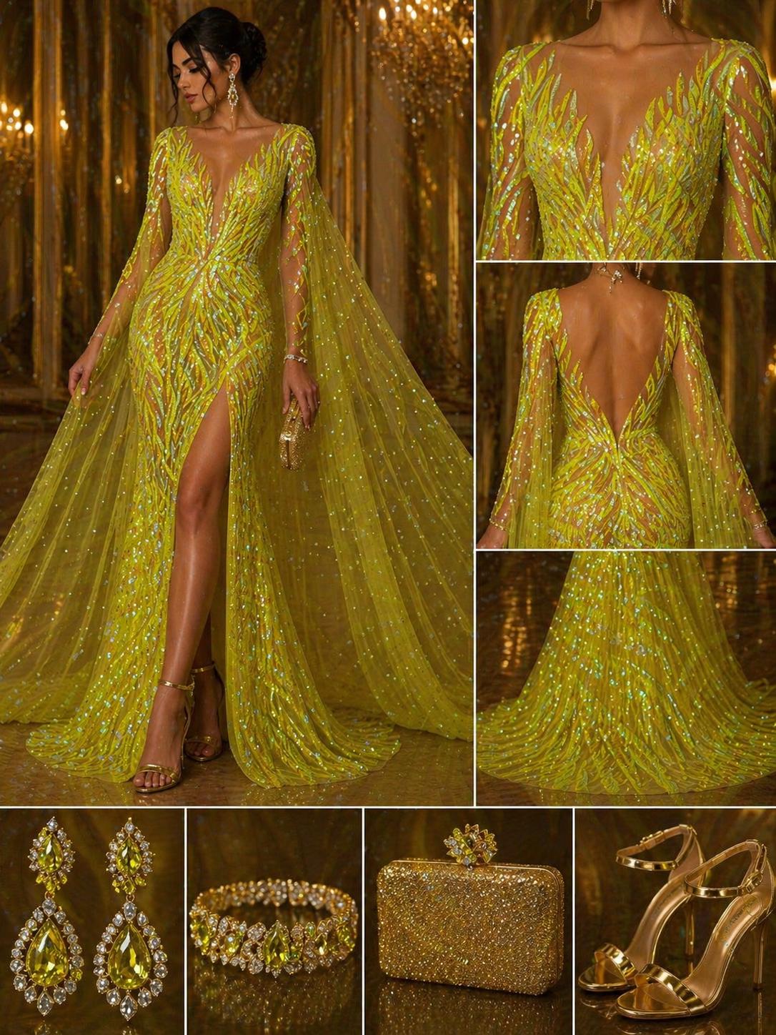 Feather Design Luxury Iridescent Shiny Sequin - NEON YELLOW - 4 Way Stretch Mesh Fabric – Prom & Evening Dress Material By The Yard.