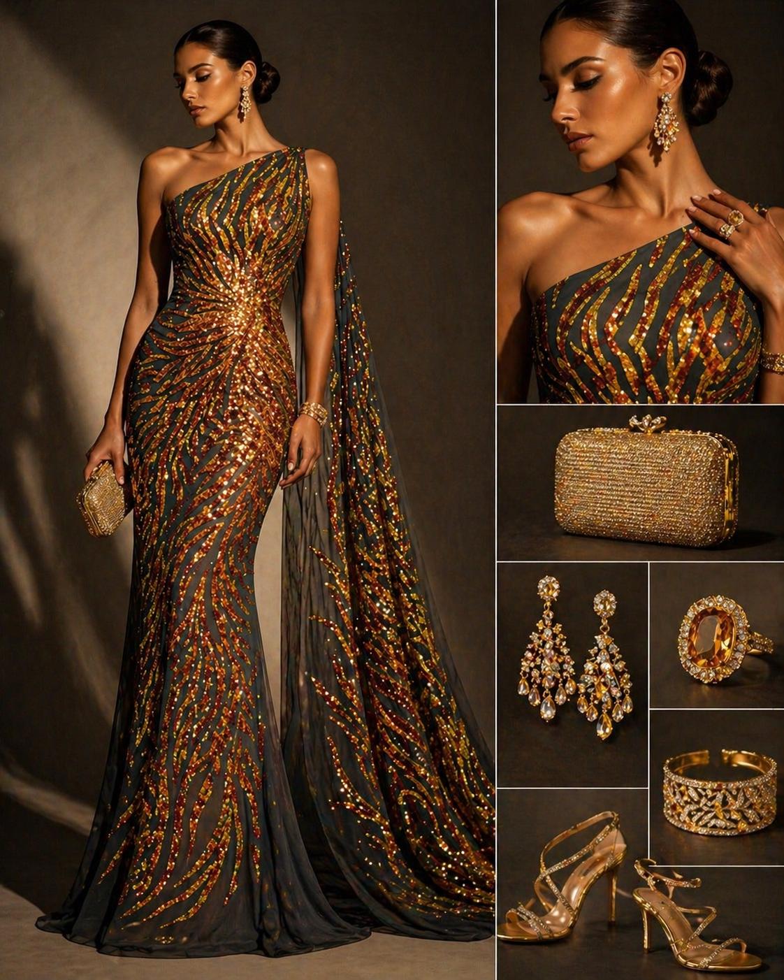 Feather Design Luxury Iridescent Shiny Sequin - ORANGE/BLACK - 4 Way Stretch Mesh Fabric – Prom & Evening Dress Material By The Yard.