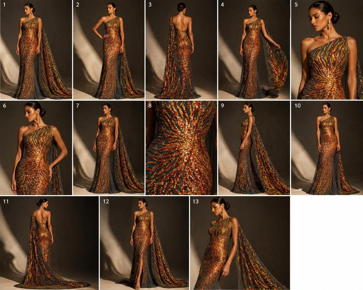 Feather Design Luxury Iridescent Shiny Sequin - ORANGE/BLACK - 4 Way Stretch Mesh Fabric – Prom & Evening Dress Material By The Yard.