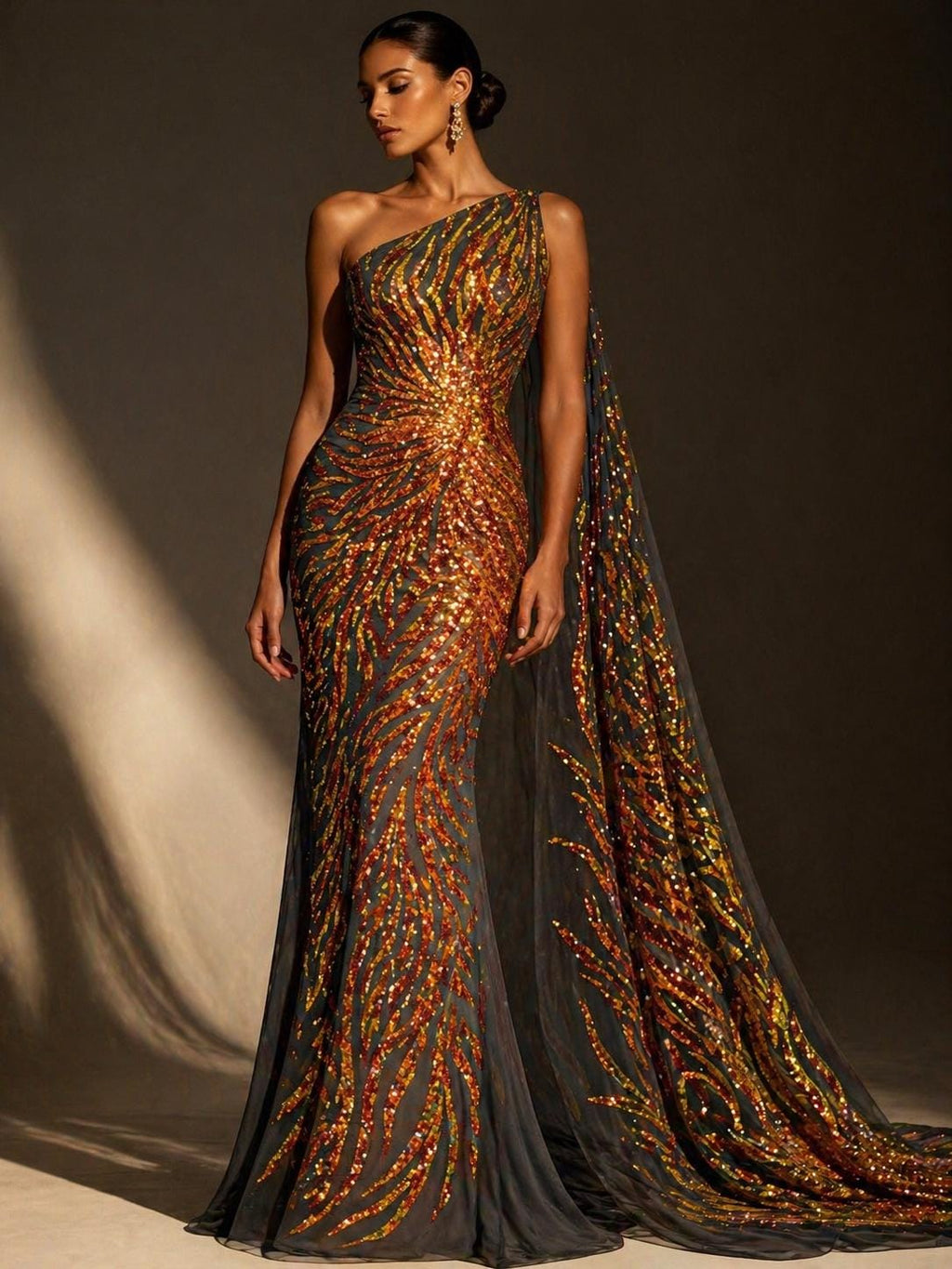 Feather Design Luxury Iridescent Shiny Sequin - ORANGE/BLACK - 4 Way Stretch Mesh Fabric – Prom & Evening Dress Material By The Yard.