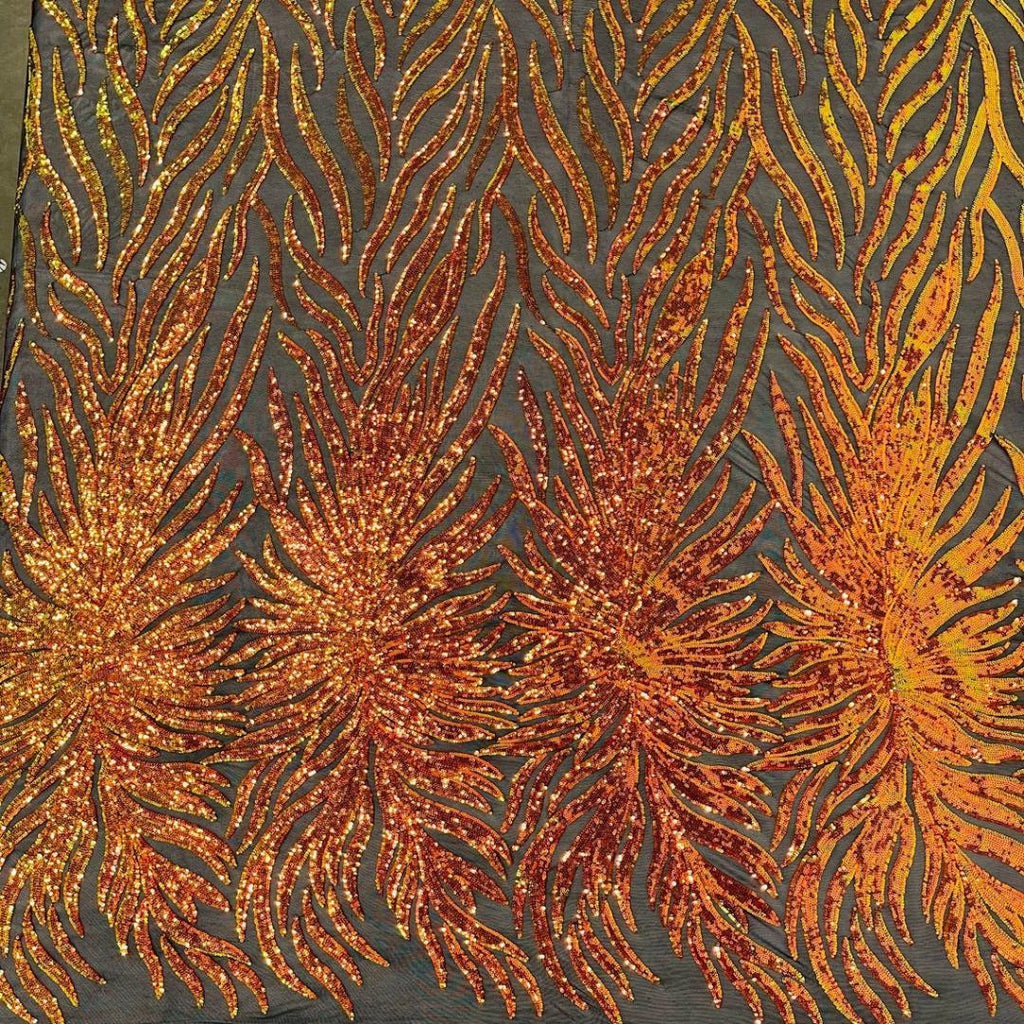 Feather Design Luxury Iridescent Shiny Sequin - ORANGE/BLACK - 4 Way Stretch Mesh Fabric – Prom & Evening Dress Material By The Yard.