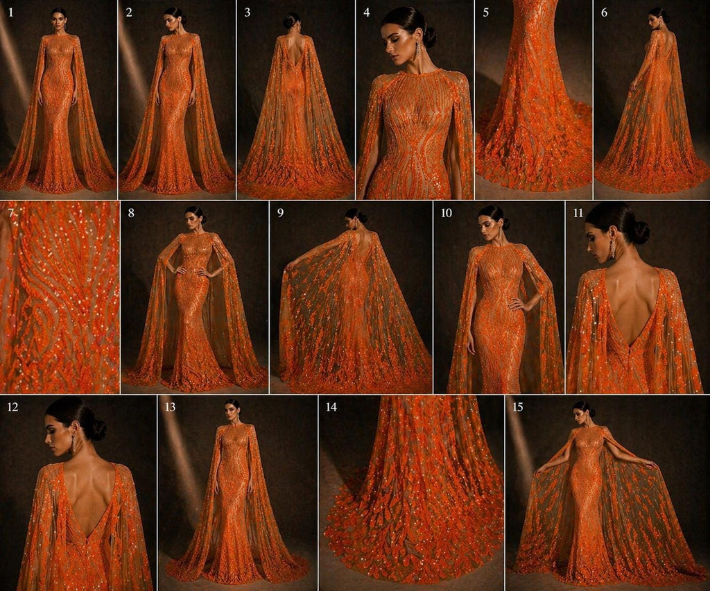 ORANGE - Luxury Shiny Sequin 4-Way Stretch Mesh Fabric – Prom & Evening Dress Material By The Yard.