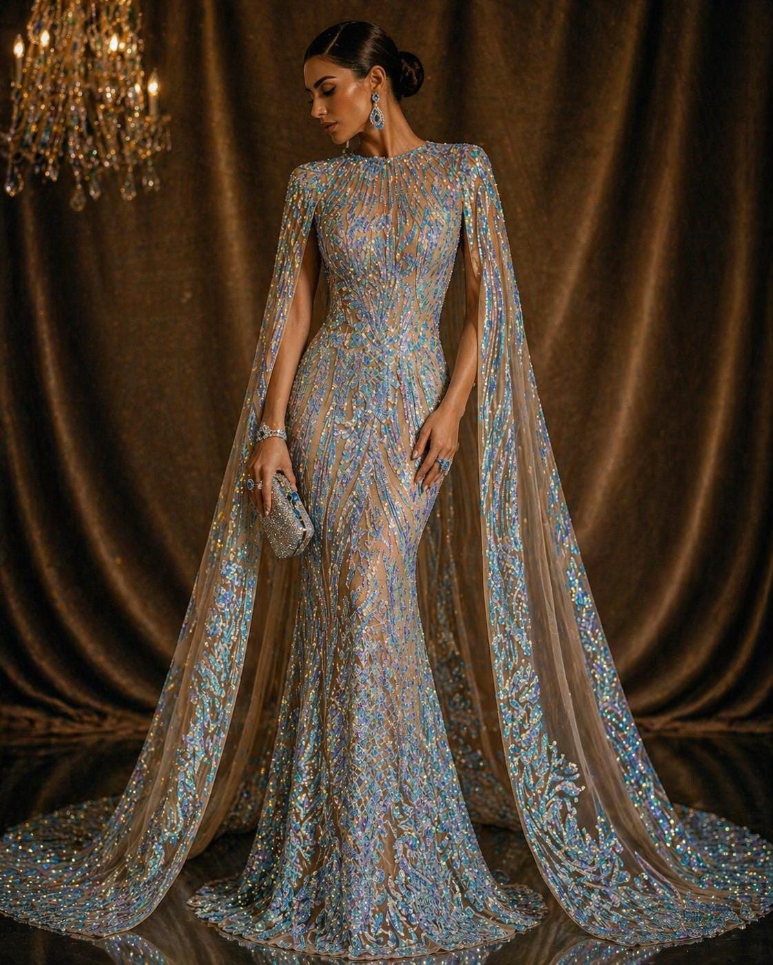 Feather Design Luxury Iridescent Shiny Sequin - AQUA - 4 Way Stretch Mesh Fabric – Prom & Evening Dress Material By The Yard.