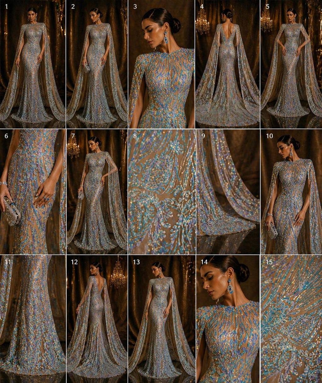 Feather Design Luxury Iridescent Shiny Sequin - AQUA - 4 Way Stretch Mesh Fabric – Prom & Evening Dress Material By The Yard.