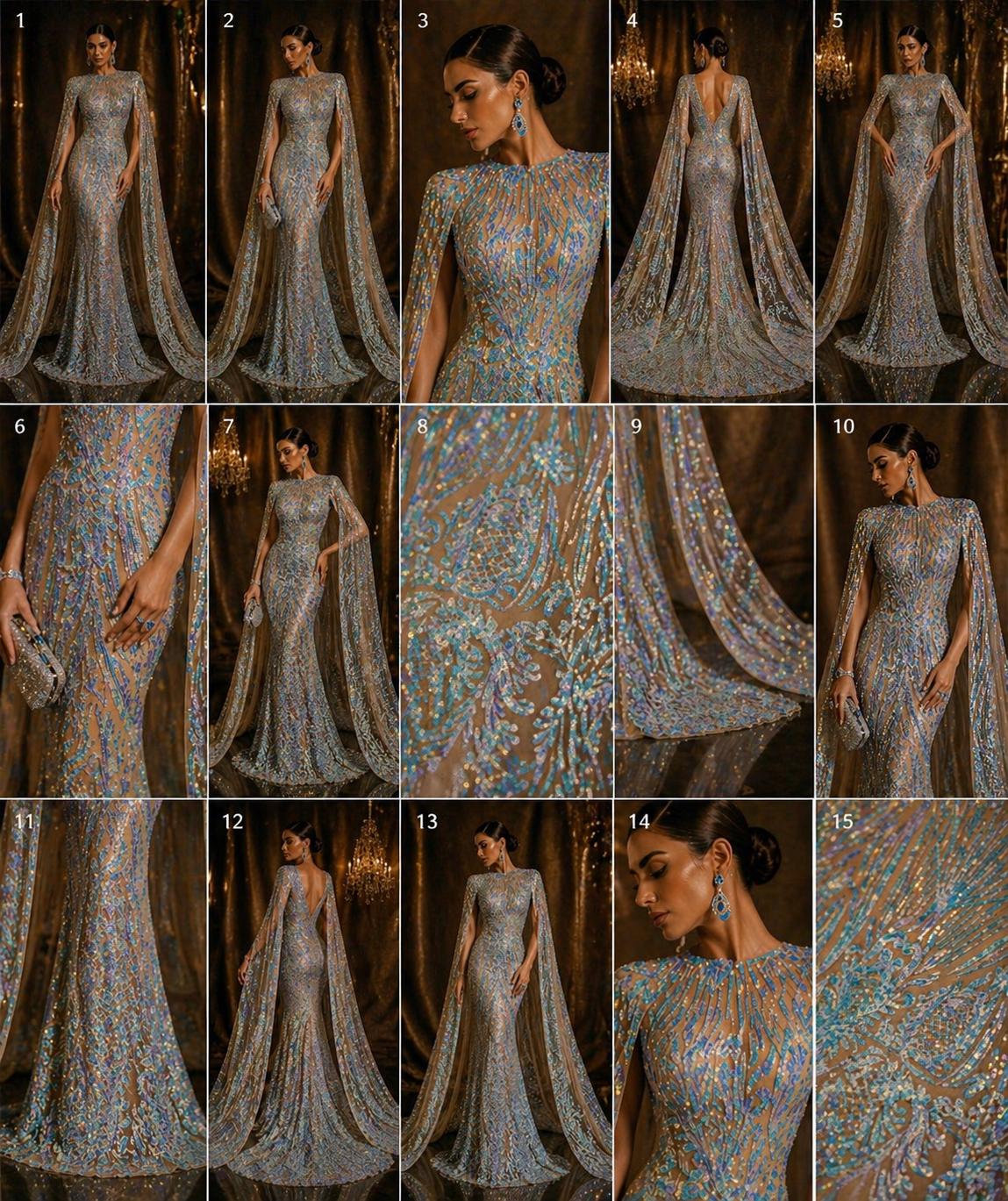 Feather Design Luxury Iridescent Shiny Sequin - AQUA - 4 Way Stretch Mesh Fabric – Prom & Evening Dress Material By The Yard.