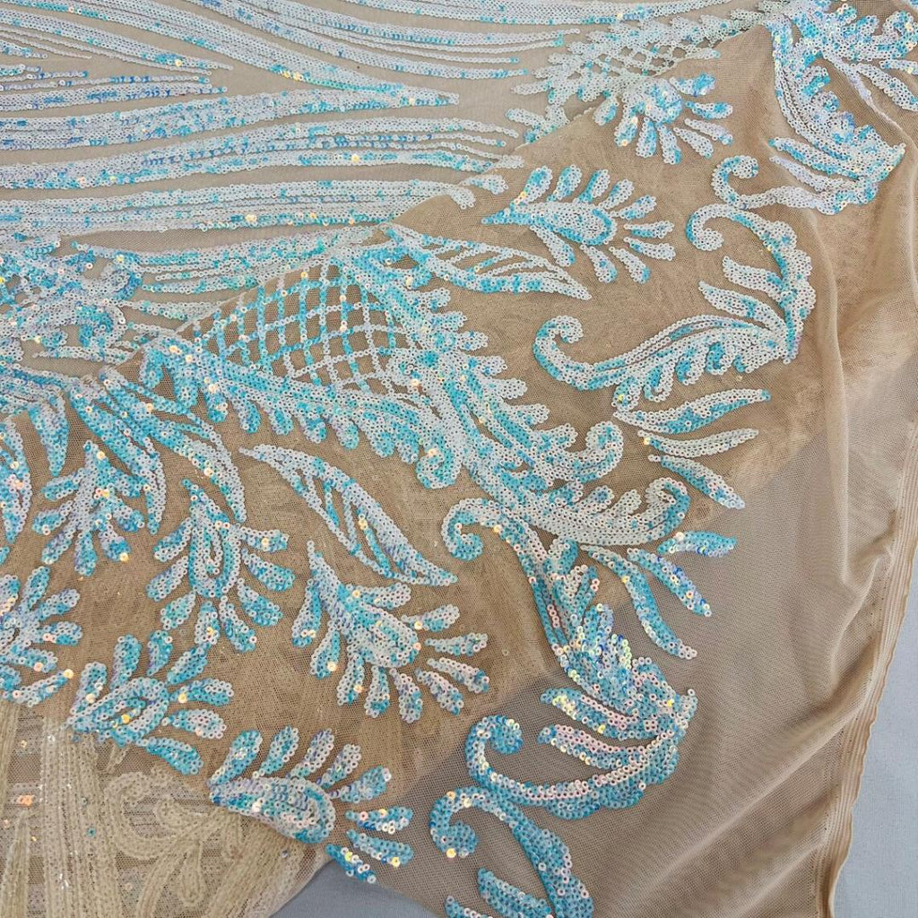 Feather Design Luxury Iridescent Shiny Sequin - AQUA - 4 Way Stretch Mesh Fabric – Prom & Evening Dress Material By The Yard.