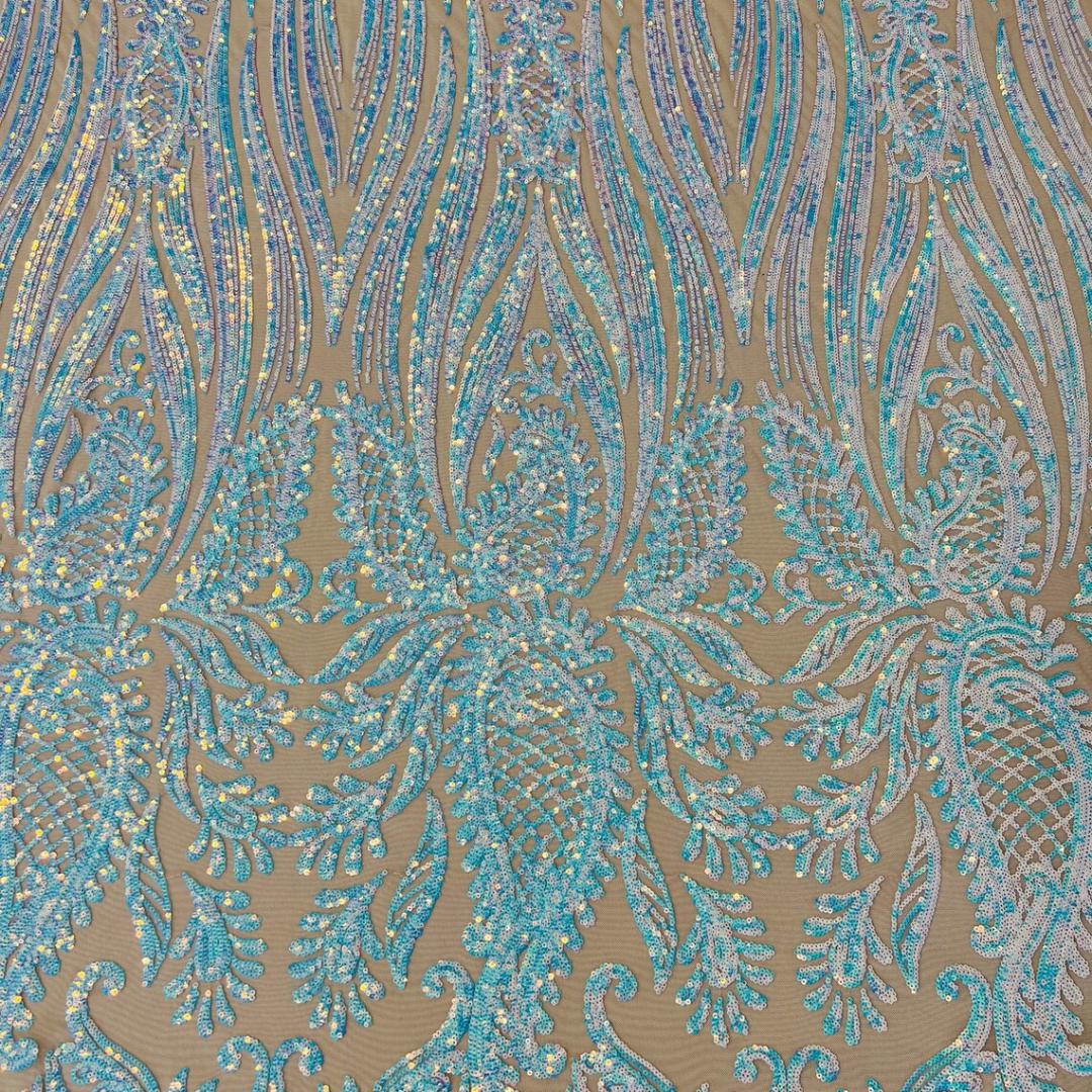Feather Design Luxury Iridescent Shiny Sequin - AQUA - 4 Way Stretch Mesh Fabric – Prom & Evening Dress Material By The Yard.