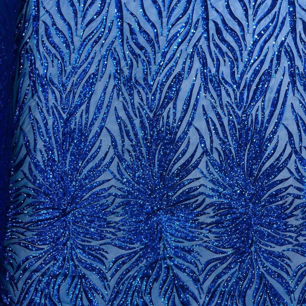 Feather Design Luxury Shiny Sequin - ROYAL - 4 Way Stretch Mesh Fabric – Prom & Evening Dress Material By The Yard.