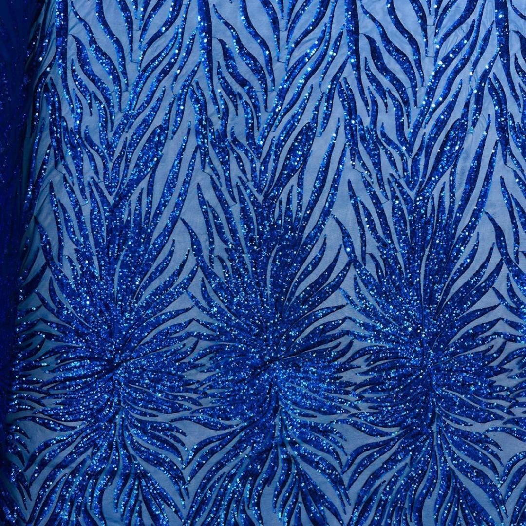Feather Design Luxury Shiny Sequin - ROYAL - 4 Way Stretch Mesh Fabric – Prom & Evening Dress Material By The Yard.