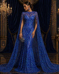 Feather Design Luxury Shiny Sequin - ROYAL - 4 Way Stretch Mesh Fabric – Prom & Evening Dress Material By The Yard.