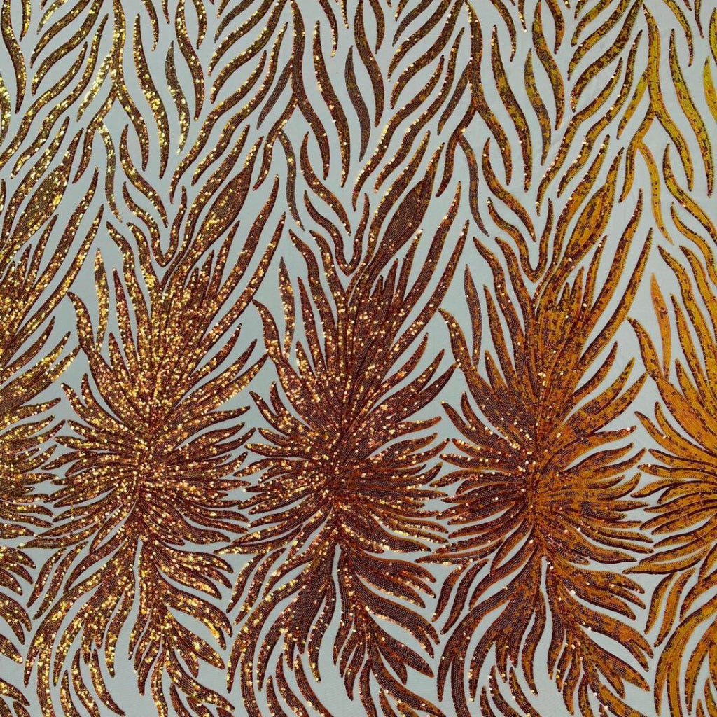 Feather Design Luxury Iridescent Shiny Sequin - ORANGE/NUDE 4 Way Stretch Mesh Fabric – Prom & Evening Dress Material By The Yard.