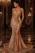 Feather Design Luxury Iridescent Shiny Sequin - ORANGE/NUDE 4 Way Stretch Mesh Fabric – Prom & Evening Dress Material By The Yard.