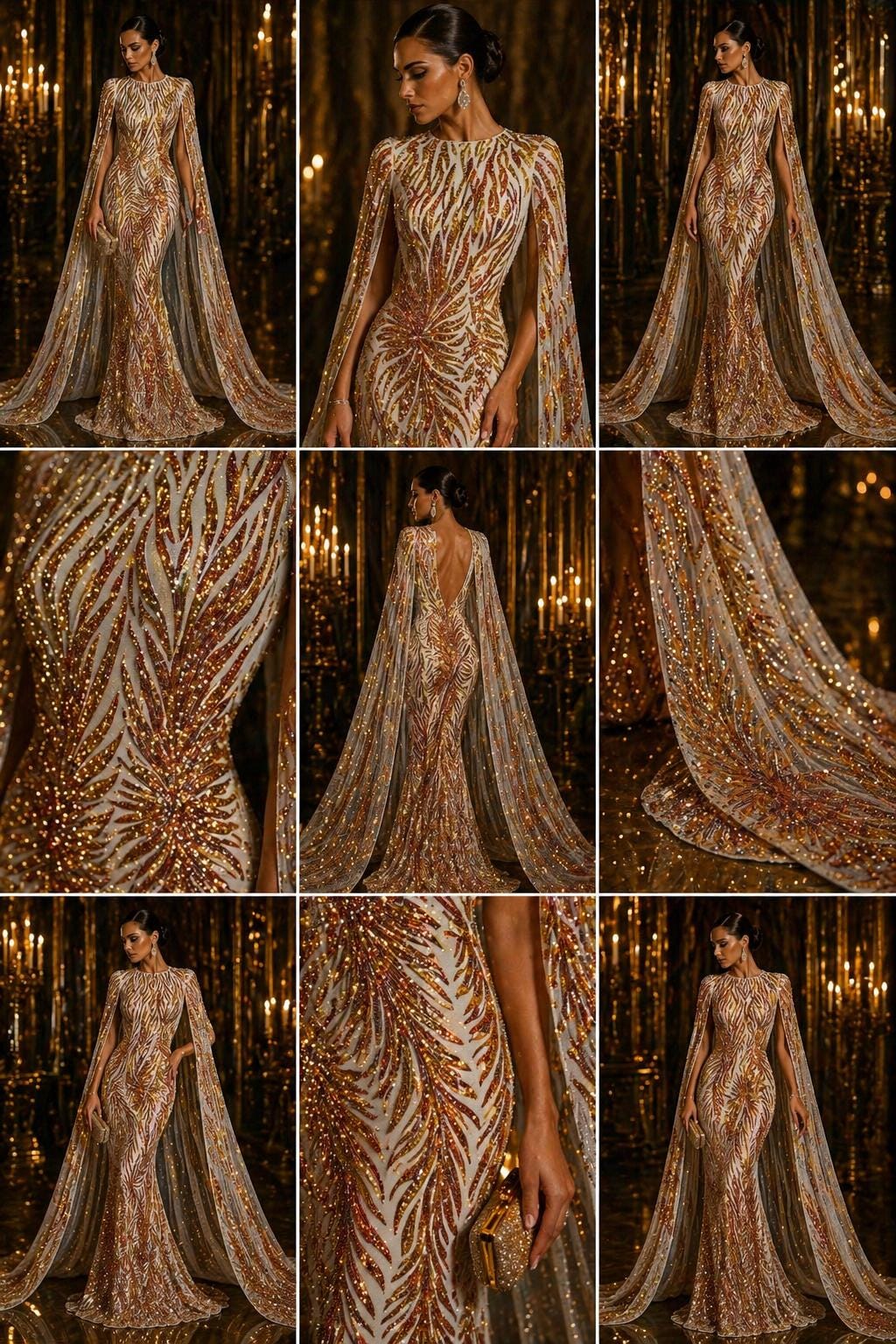 Feather Design Luxury Iridescent Shiny Sequin - ORANGE/NUDE 4 Way Stretch Mesh Fabric – Prom & Evening Dress Material By The Yard.