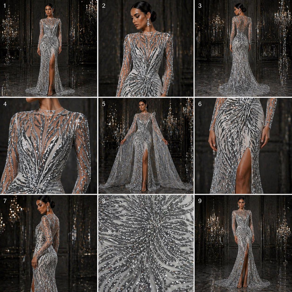 Feather Design Luxury Shiny Sequin - SILVER - 4 Way Stretch Mesh Fabric – Prom & Evening Dress Material By The Yard.