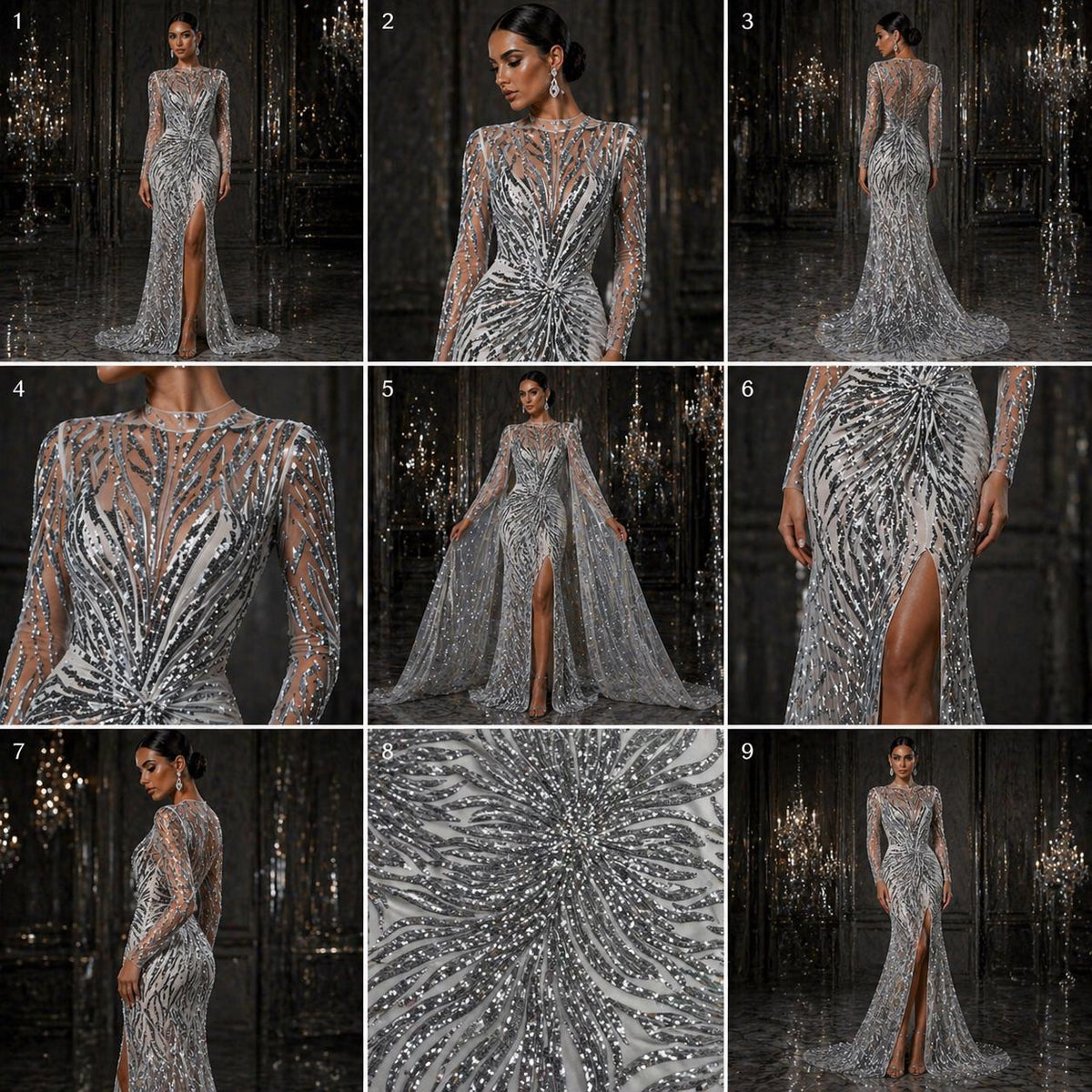 Feather Design Luxury Shiny Sequin - SILVER - 4 Way Stretch Mesh Fabric – Prom & Evening Dress Material By The Yard.