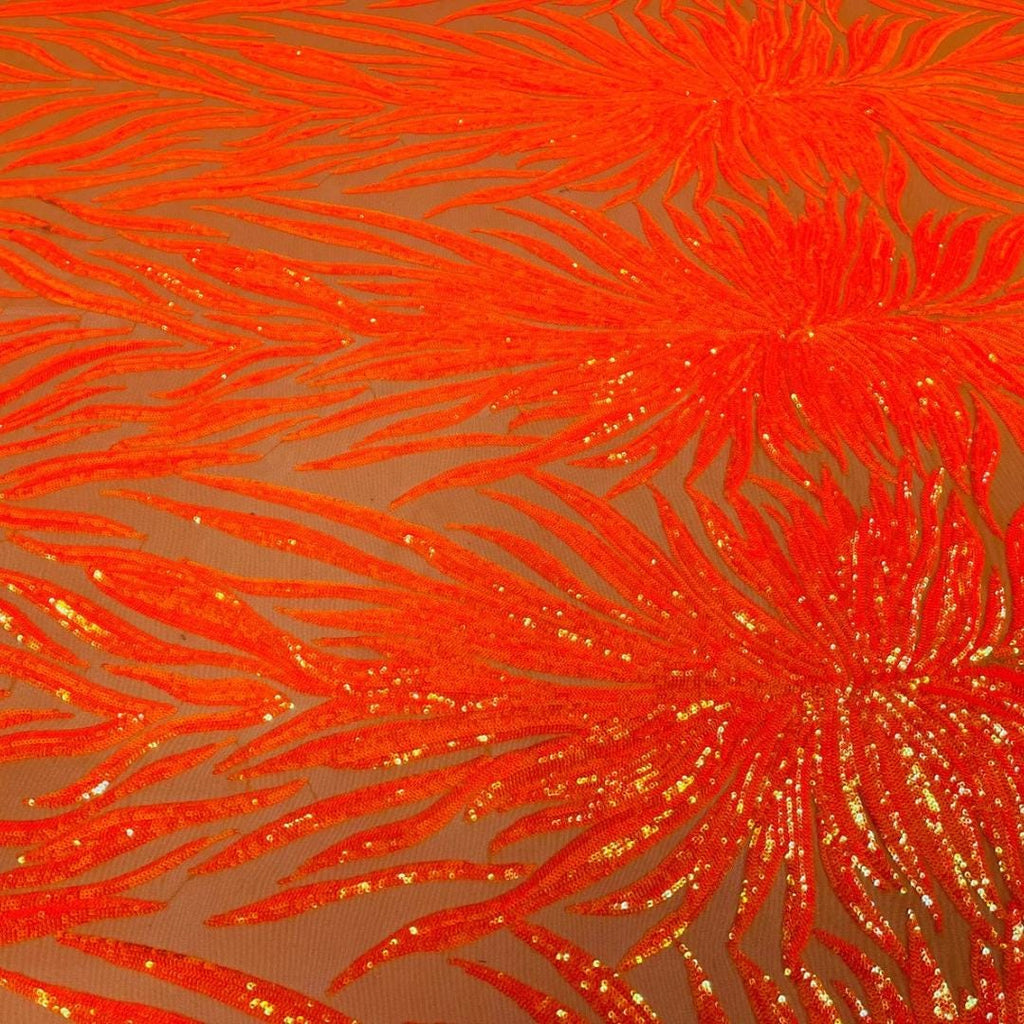 Feather Design Luxury Iridescent Shiny Sequin - ORANGE - 4 Way Stretch Mesh Fabric – Prom & Evening Dress Material By The Yard.