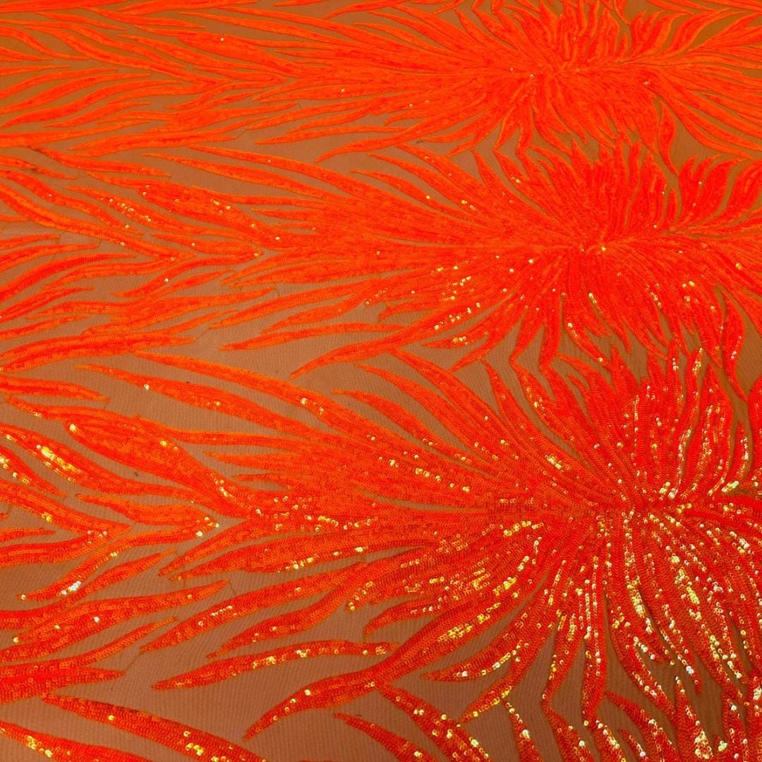Feather Design Luxury Iridescent Shiny Sequin - ORANGE - 4 Way Stretch Mesh Fabric – Prom & Evening Dress Material By The Yard.