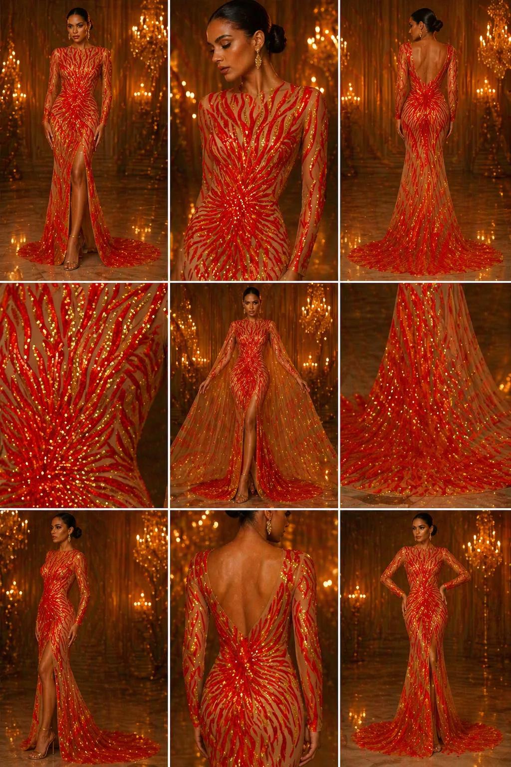 Feather Design Luxury Iridescent Shiny Sequin - ORANGE - 4 Way Stretch Mesh Fabric – Prom & Evening Dress Material By The Yard.