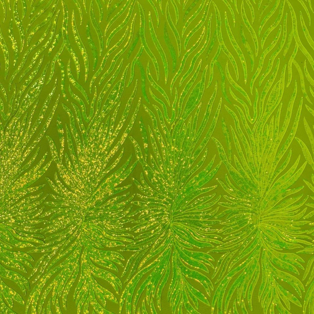 Feather Design Luxury Iridescent Shiny Sequin - NEON LIME - 4 Way Stretch Mesh Fabric – Prom & Evening Dress Material By The Yard.