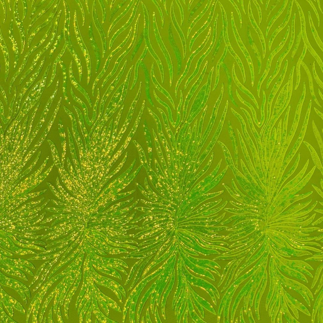 Feather Design Luxury Iridescent Shiny Sequin - NEON LIME - 4 Way Stretch Mesh Fabric – Prom & Evening Dress Material By The Yard.