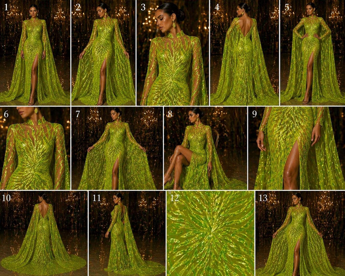 Feather Design Luxury Iridescent Shiny Sequin - NEON LIME - 4 Way Stretch Mesh Fabric – Prom & Evening Dress Material By The Yard.
