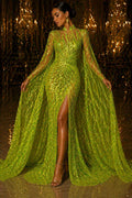 Feather Design Luxury Iridescent Shiny Sequin - NEON LIME - 4 Way Stretch Mesh Fabric – Prom & Evening Dress Material By The Yard.
