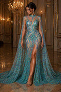 Feather Design Luxury Iridescent Shiny Sequin - MINT - 4 Way Stretch Mesh Fabric – Prom & Evening Dress Material By The Yard.