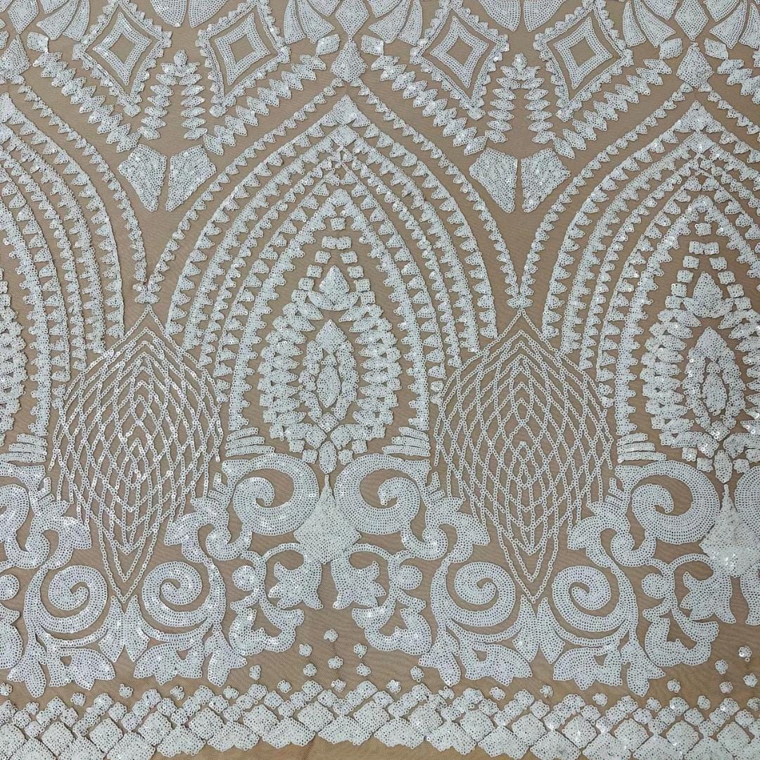 Geometric Design Luxury Shiny Sequin - WHITE/NUDE - 4 Way Stretch Mesh Fabric – Prom & Evening Dress Material By The Yard.