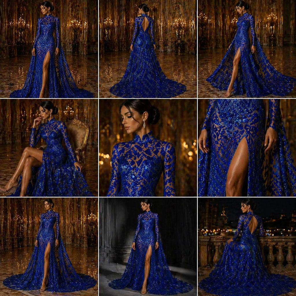 Geometric Design Luxury Shiny Sequin - ROYAL - 4 Way Stretch Mesh Fabric – Prom & Evening Dress Material By The Yard.