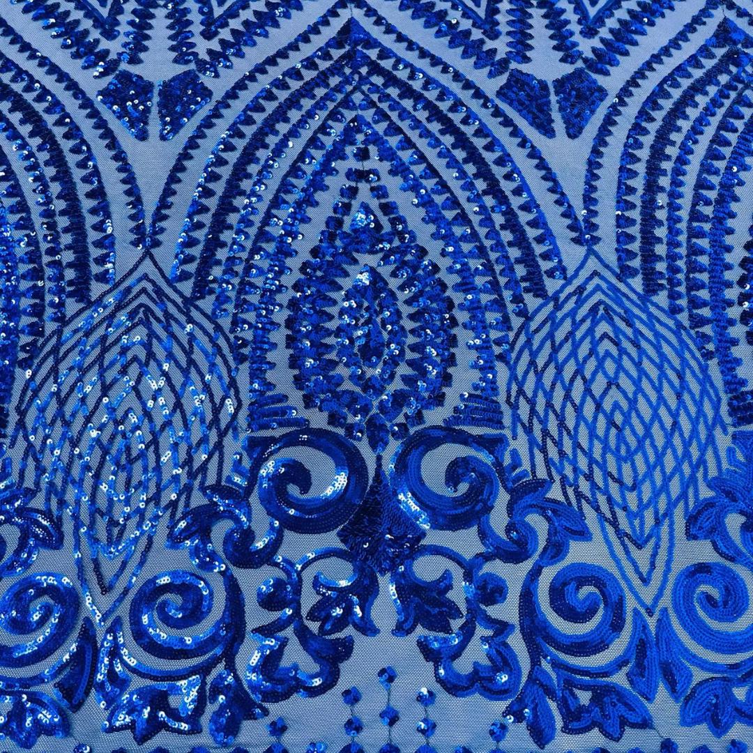 Geometric Design Luxury Shiny Sequin - ROYAL - 4 Way Stretch Mesh Fabric – Prom & Evening Dress Material By The Yard.
