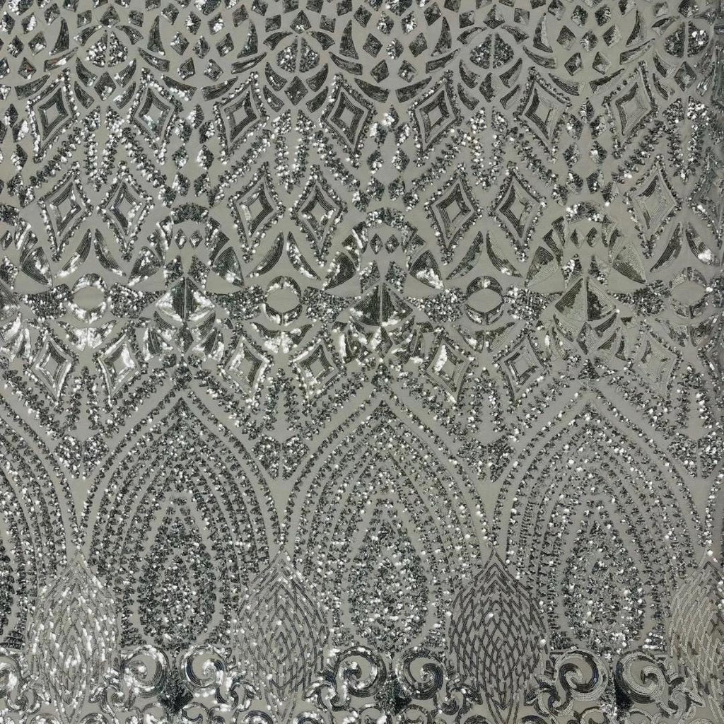 Geometric Design Luxury Shiny Sequin - SILVER - 4 Way Stretch Mesh Fabric – Prom & Evening Dress Material By The Yard.