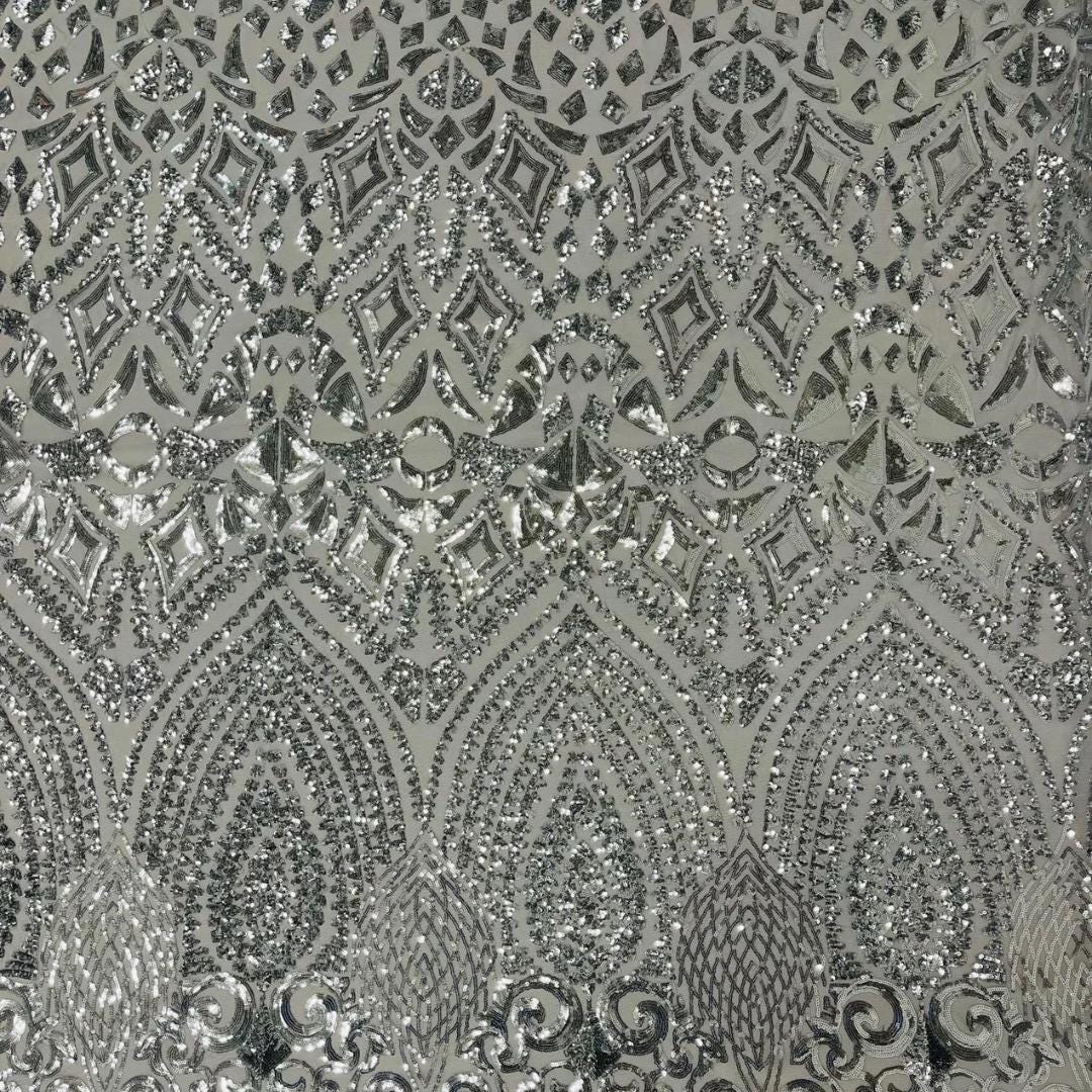 Geometric Design Luxury Shiny Sequin - SILVER - 4 Way Stretch Mesh Fabric – Prom & Evening Dress Material By The Yard.