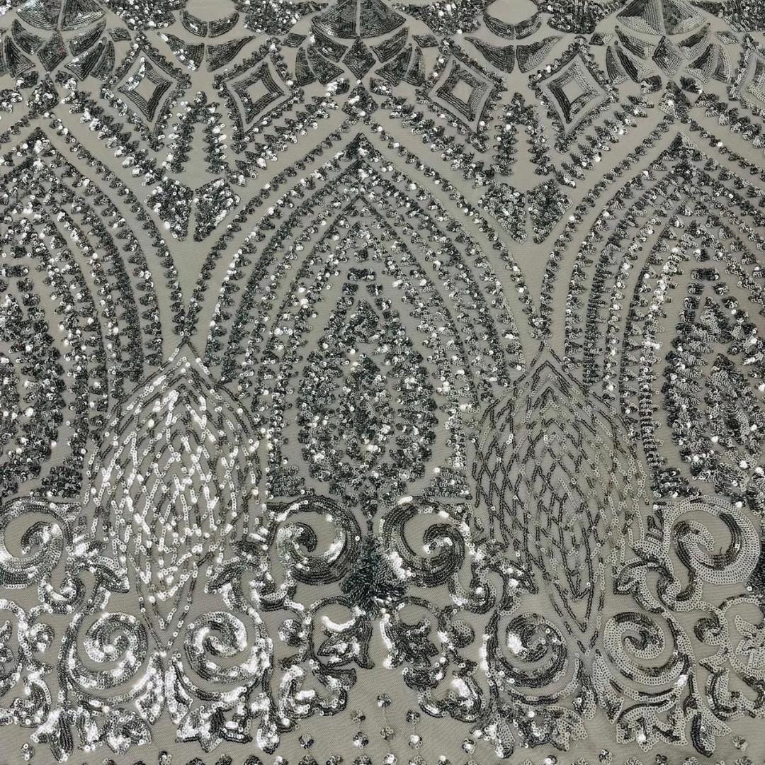 Geometric Design Luxury Shiny Sequin - SILVER - 4 Way Stretch Mesh Fabric – Prom & Evening Dress Material By The Yard.