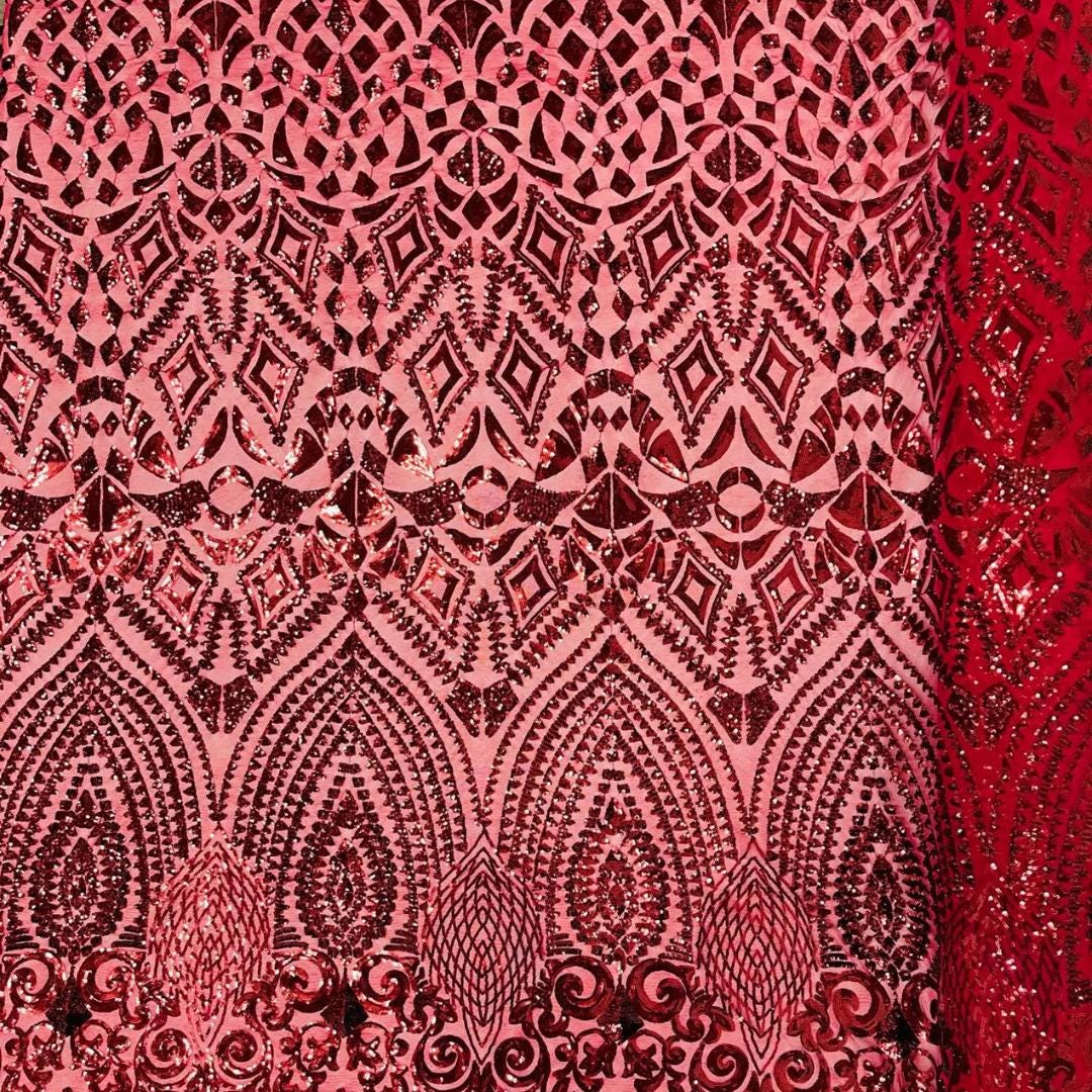 Geometric Design Luxury Shiny Sequin - BURGUNDY - 4 Way Stretch Mesh Fabric – Prom & Evening Dress Material By The Yard.