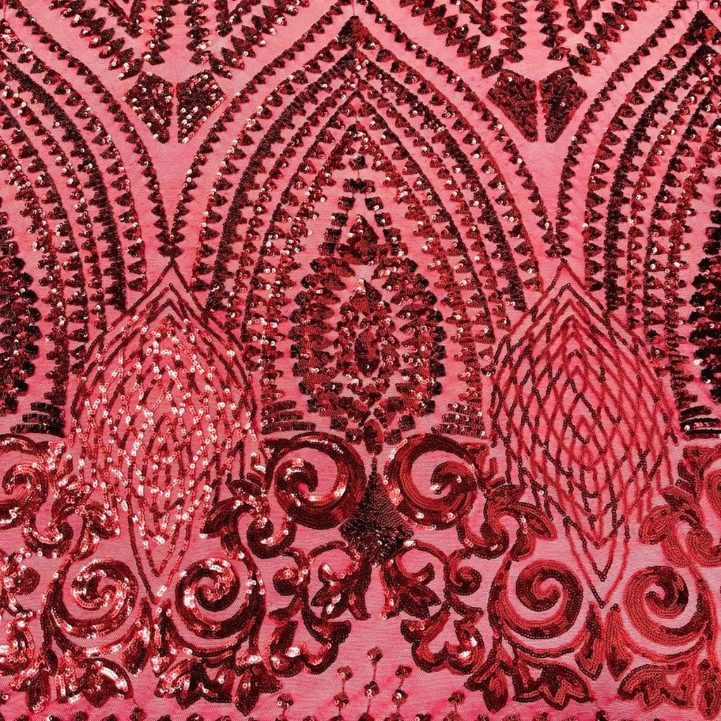 Geometric Design Luxury Shiny Sequin - BURGUNDY - 4 Way Stretch Mesh Fabric – Prom & Evening Dress Material By The Yard.