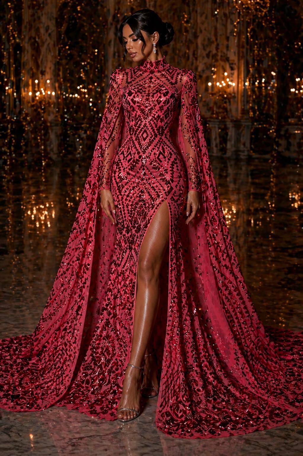 Geometric Design Luxury Shiny Sequin - BURGUNDY - 4 Way Stretch Mesh Fabric – Prom & Evening Dress Material By The Yard.