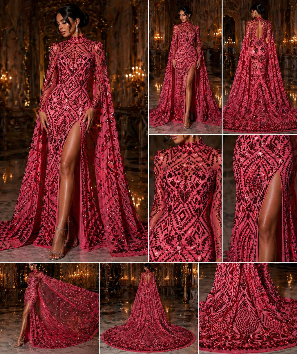 Geometric Design Luxury Shiny Sequin - BURGUNDY - 4 Way Stretch Mesh Fabric – Prom & Evening Dress Material By The Yard.