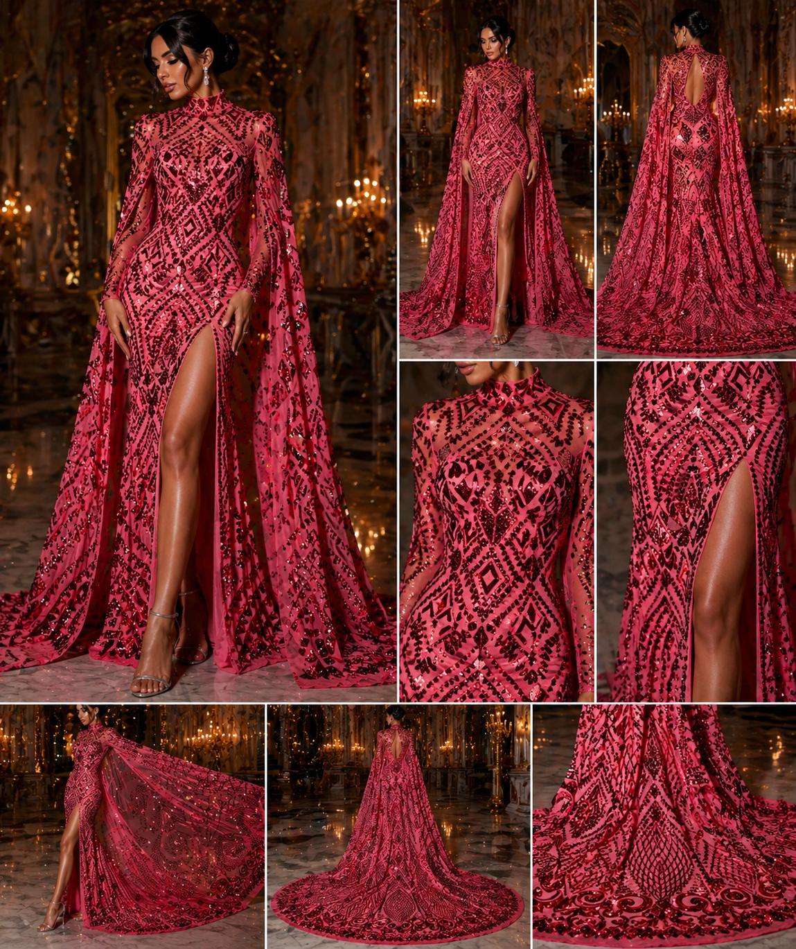 Geometric Design Luxury Shiny Sequin - BURGUNDY - 4 Way Stretch Mesh Fabric – Prom & Evening Dress Material By The Yard.