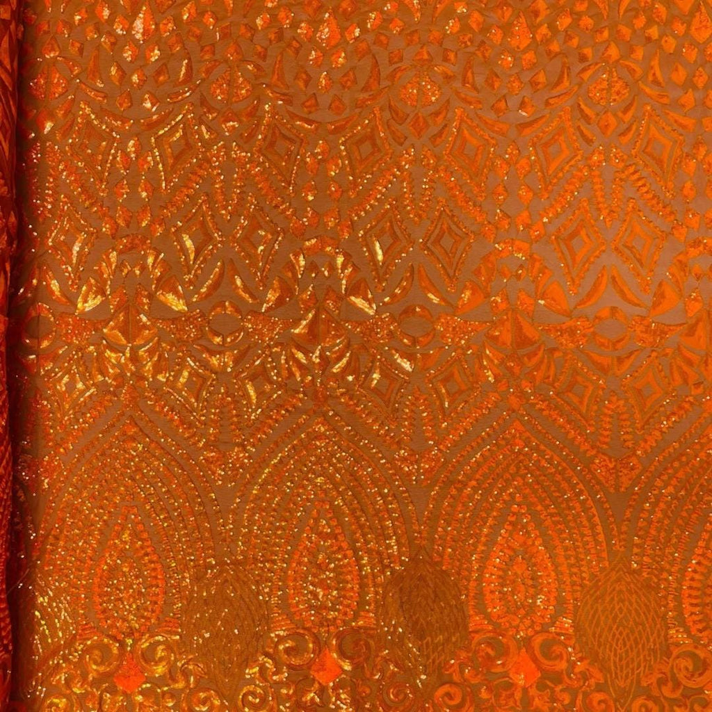 Geometric Design Luxury Iridescent Shiny Sequin - ORANGE - 4 Way Stretch Mesh Fabric – Prom & Evening Dress Material By The Yard.